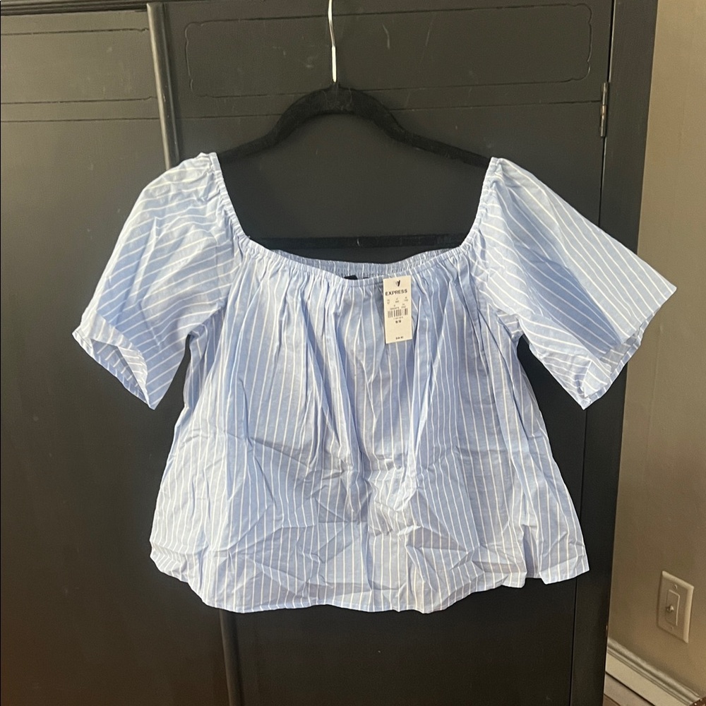 Blue/White Express Striped Women's Off The Shoulder Top. NWT